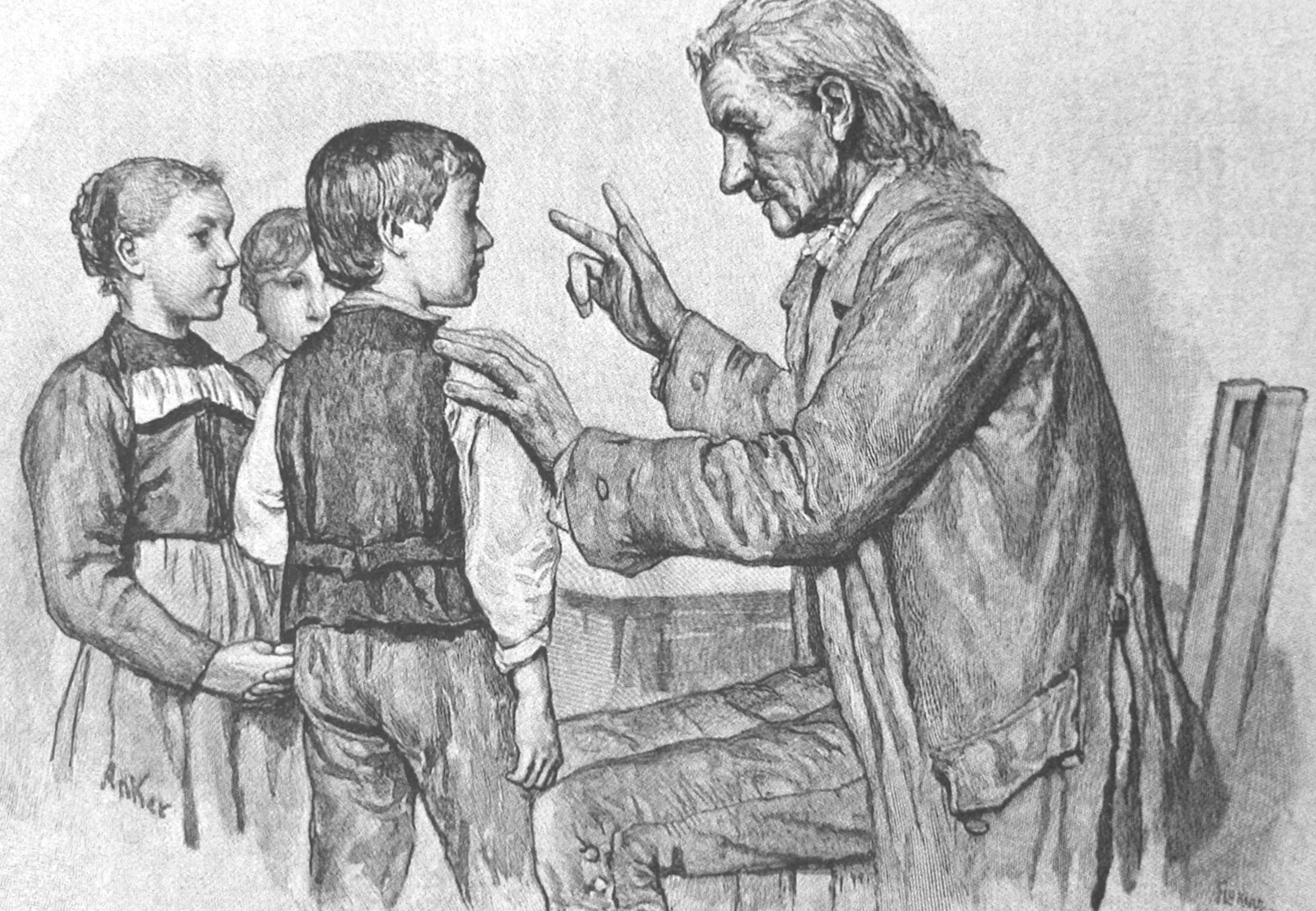 Black and white drawing of Johann Heinrich Pestalozzi teaching three children. © Arthur Bruhlmeier