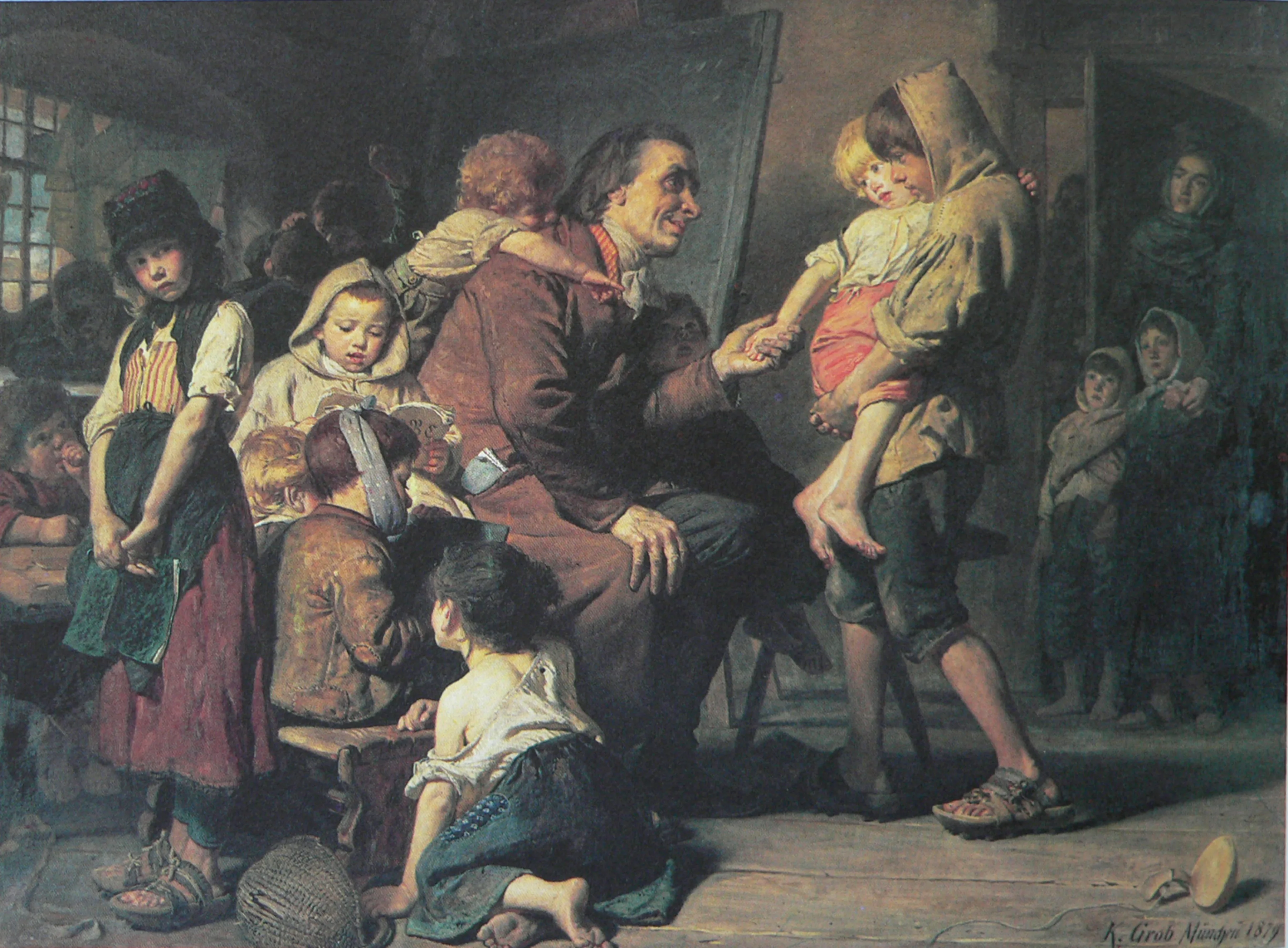 Old picture of Johann Heinrich Pestalozzi interacting with many children. © Arthur Bruhlmeier