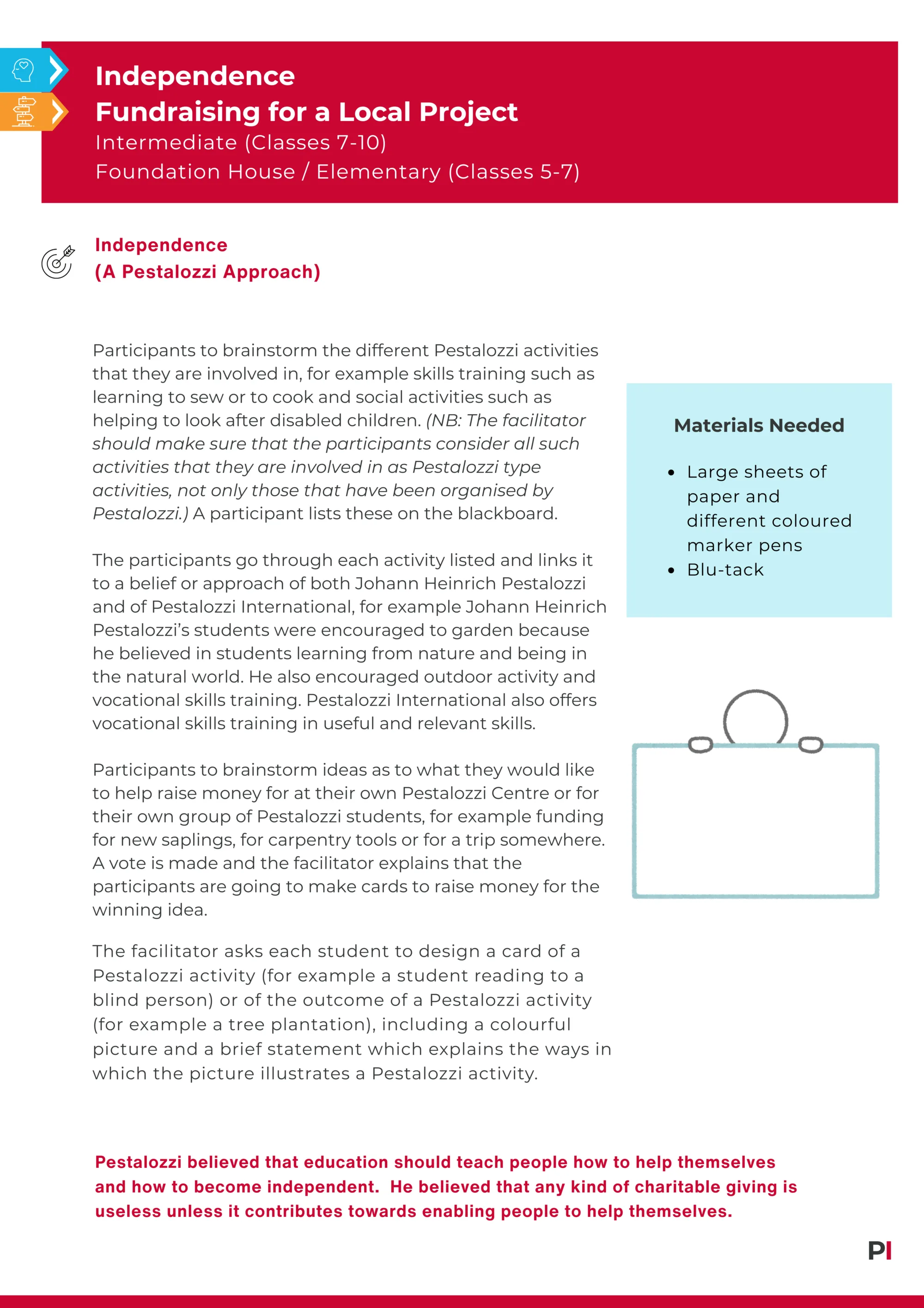 Independence Fundraising for a Pestalozzi International Local Project Updated October 2025