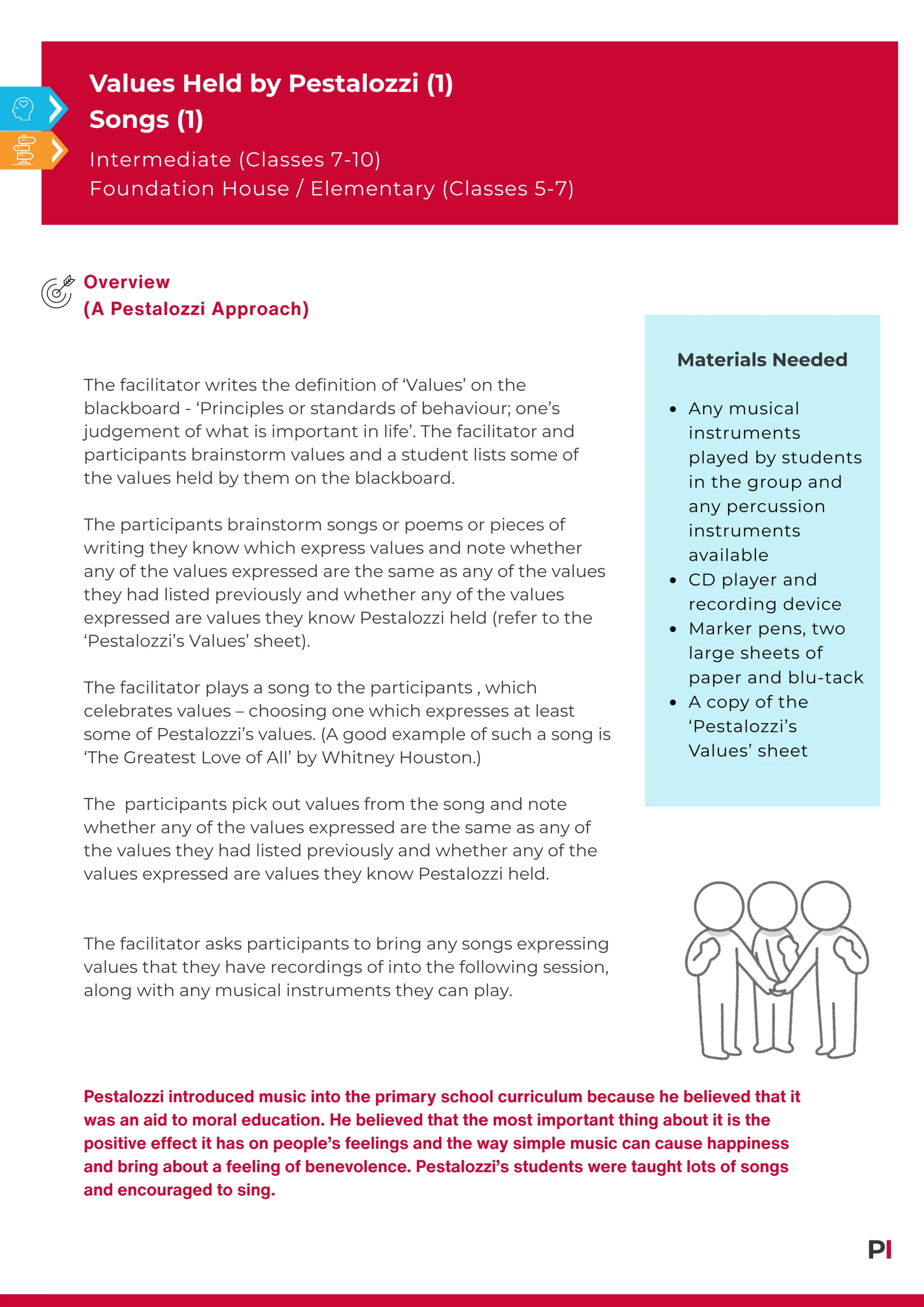 Image of teaching idea Values Held by Pestalozzi 1 Songs 1