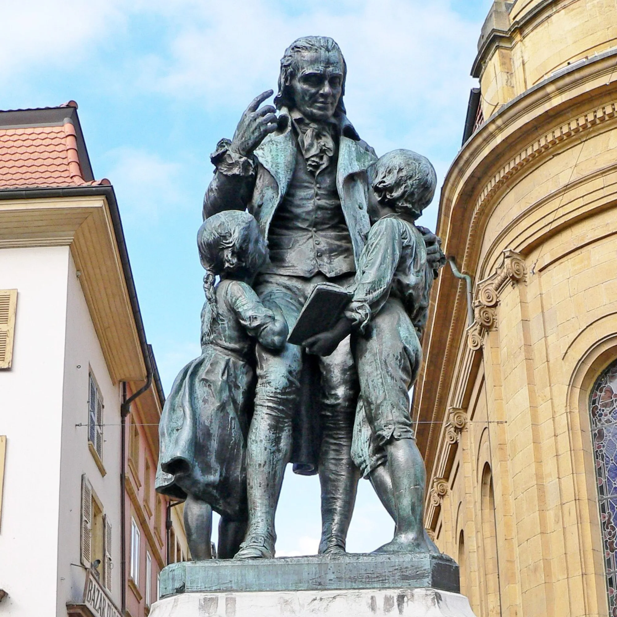 Bronze statue of Johann Heinrich Pestalozzi in Yverdon-les-Bains, Switzerland, honouring the pioneer of holistic education.