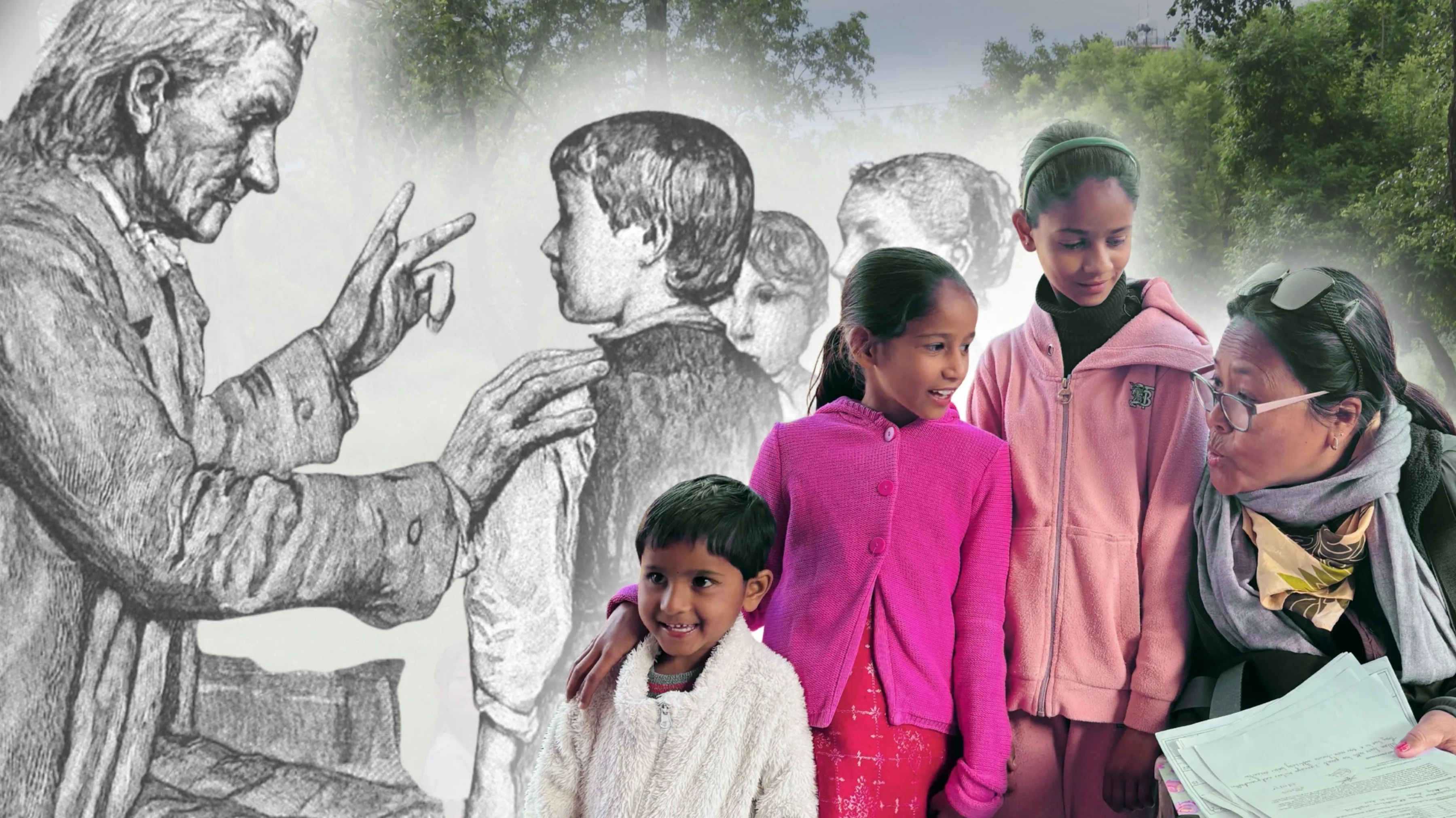 Image of Johann Pestalozzi teaching students and Pestalozzi India's Director Cheme - working with children on selection